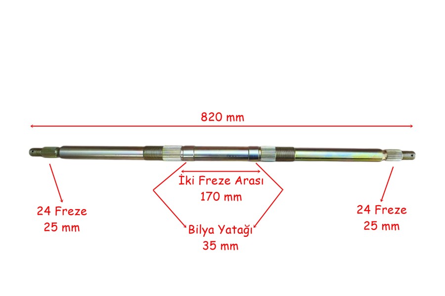 ATV VOLTA AKS RA5 820 mm İKİ YİVLİ BİLYA YATAĞI 35 mm 24 FREZE &Ouml;M